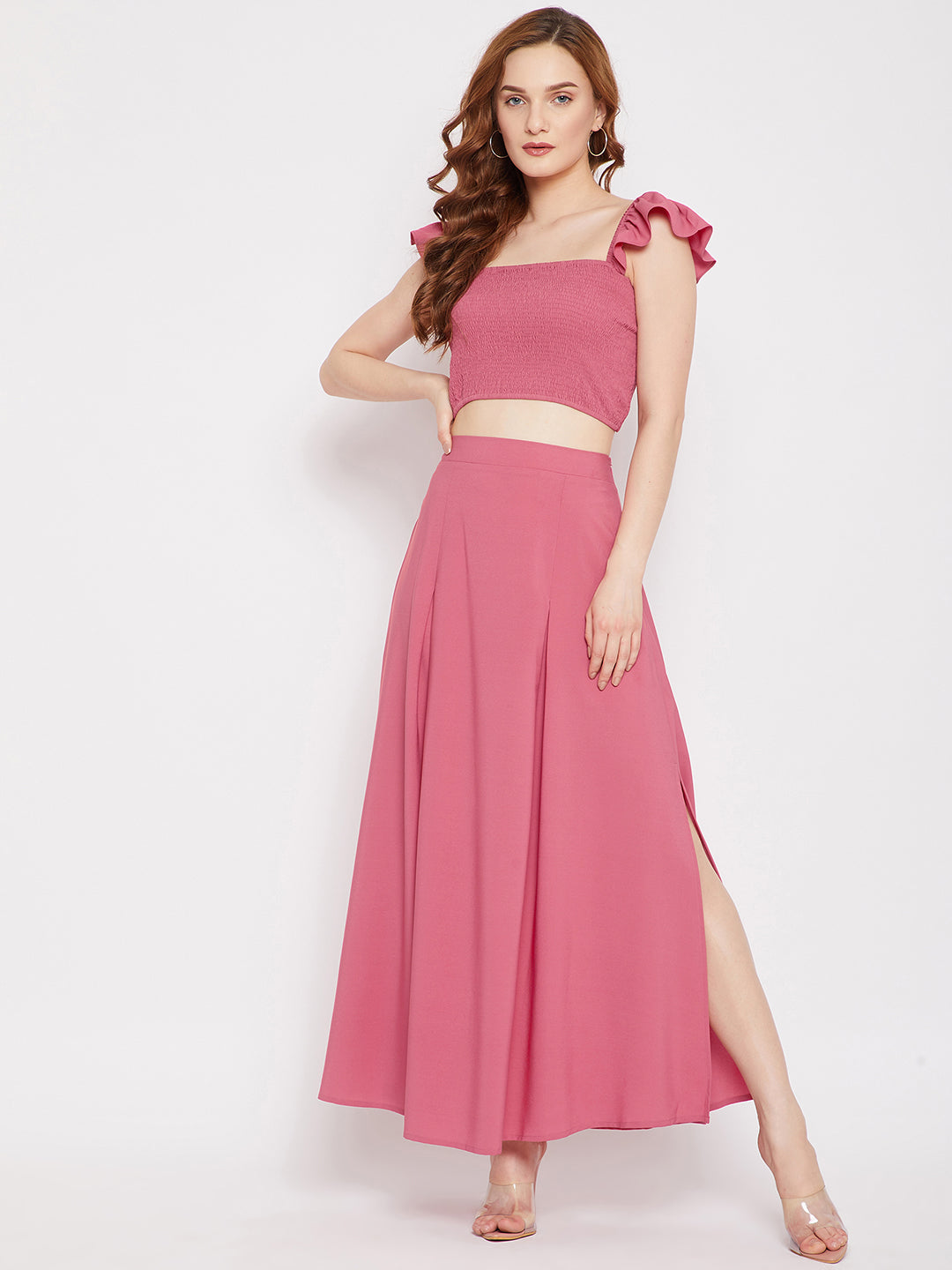 Berrylush Pink Solid Two-Piece Maxi Dress